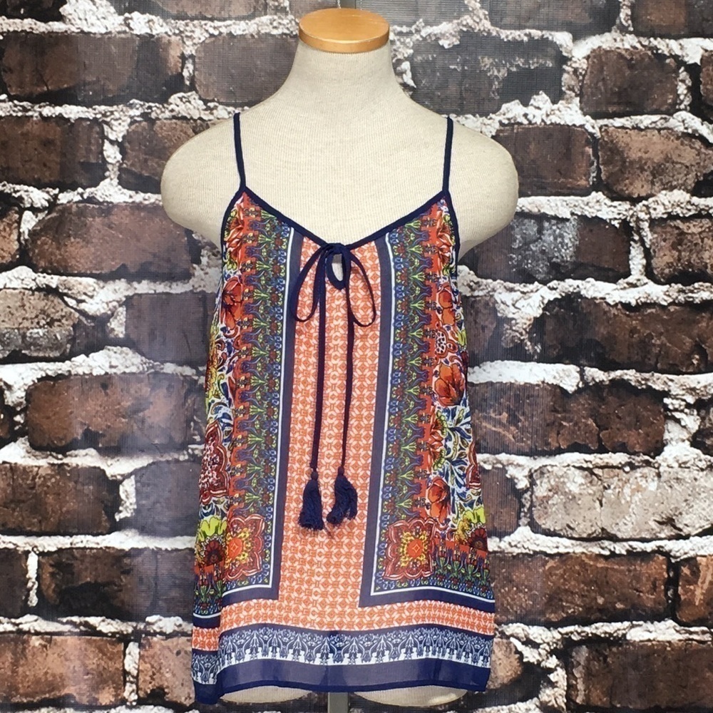 Blue Pepper Top Tie Front Blue Floral Boho V-Neck Small